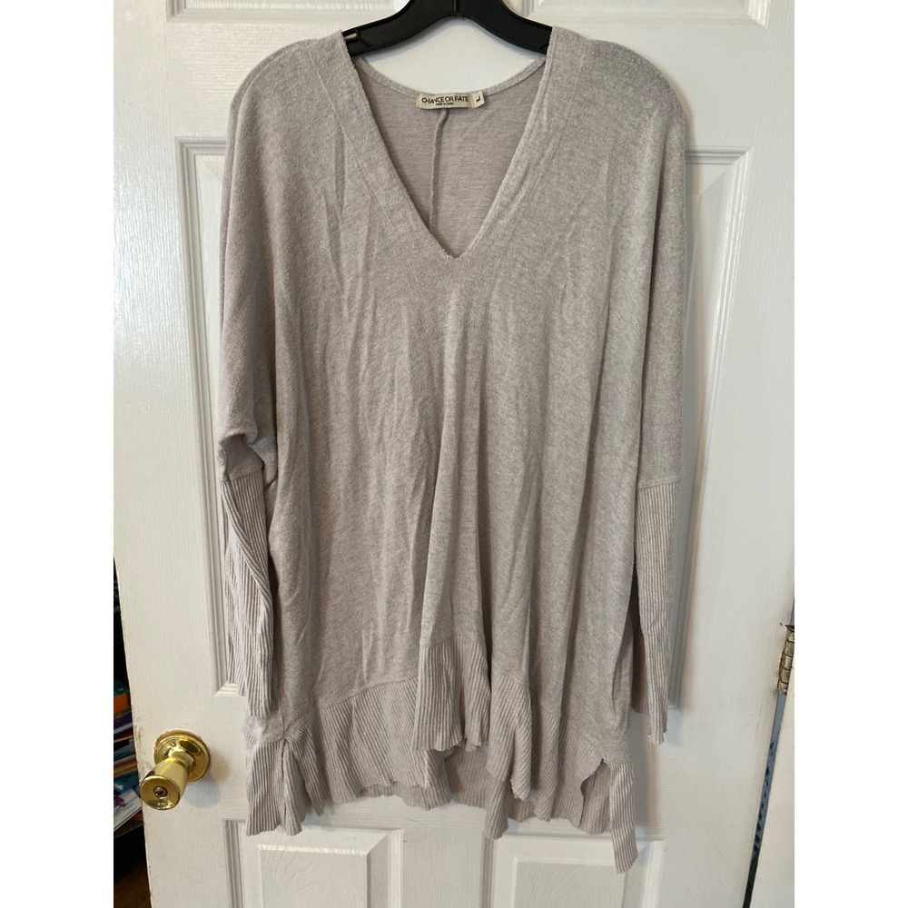 Chance Or Fate Womens Large Oatmeal Beige V-Neck Ribbed Sleeve Oversized Tunic